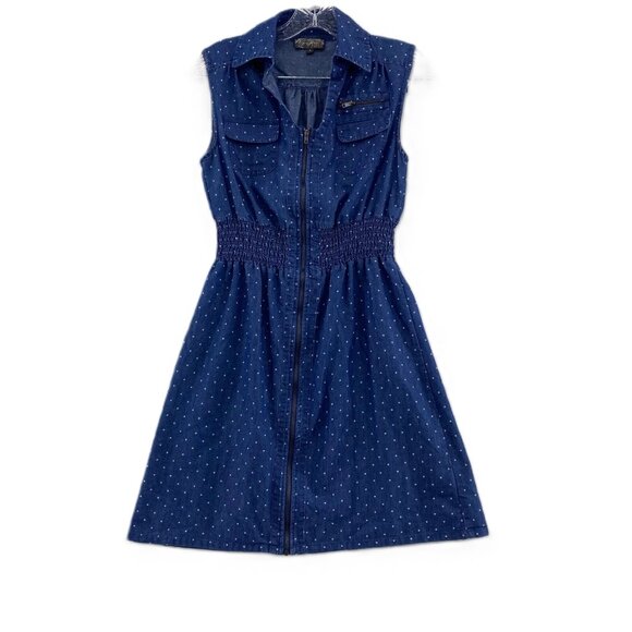 J Gee Chambray Polka‑Dot Zip Front Shirt Dress L - Picture 1 of 13